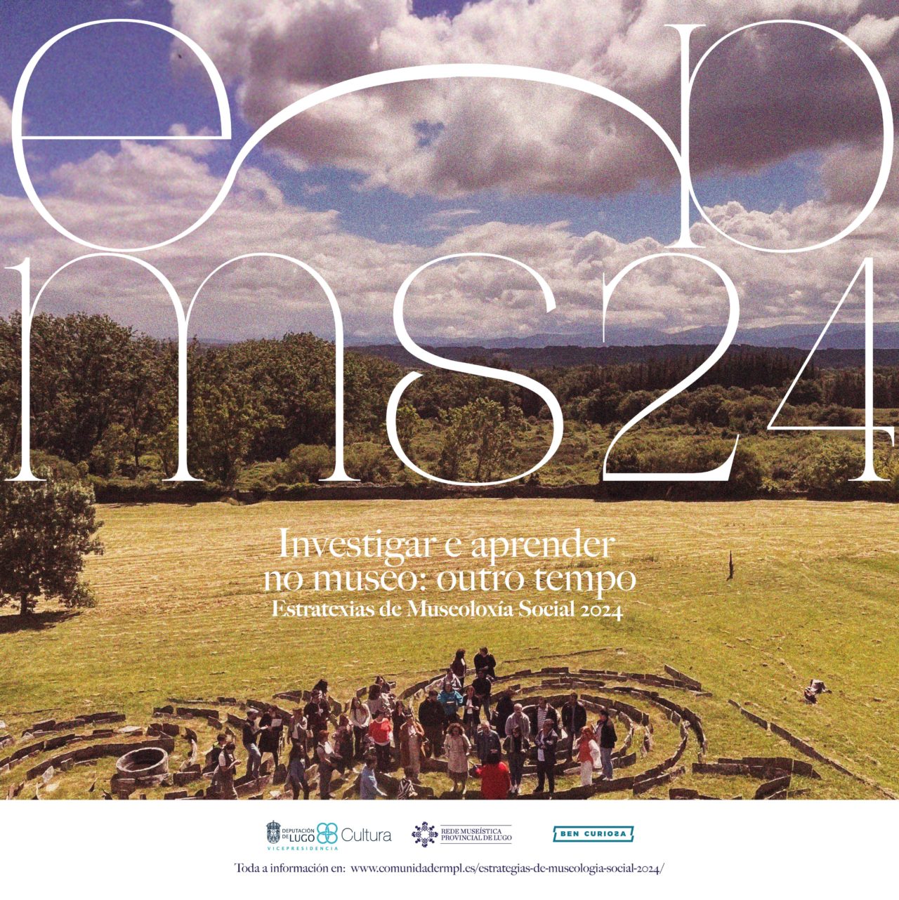 Cartaz de Estratexias da Museoloxía Social EdMS24, que se celebran baizo o título "Investigar e aprender no museo: outro tempo"